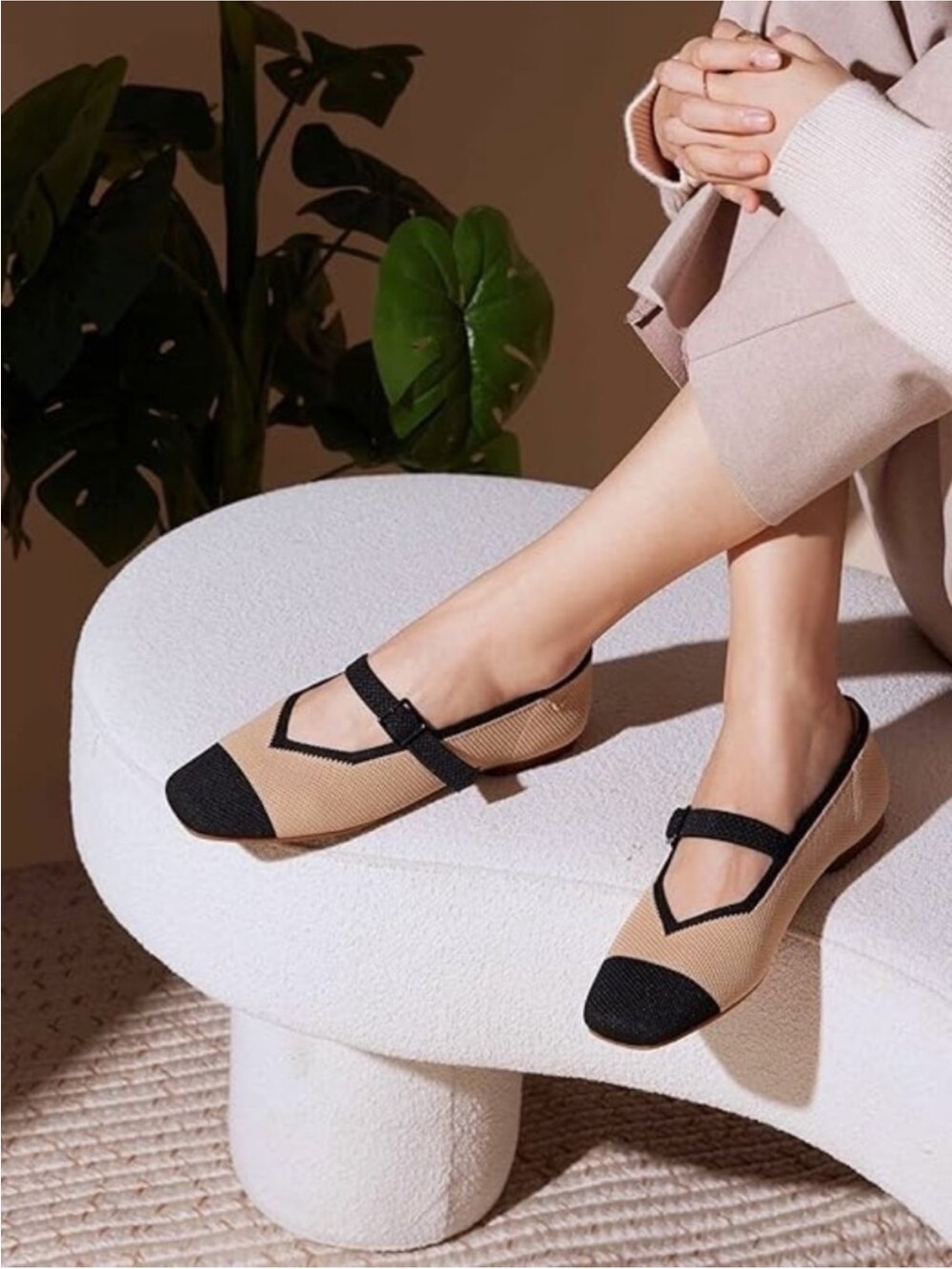 Vivaia Margot Mary Jane Square-Toe Ballet Flats Nude Black Cap Toe Size 39